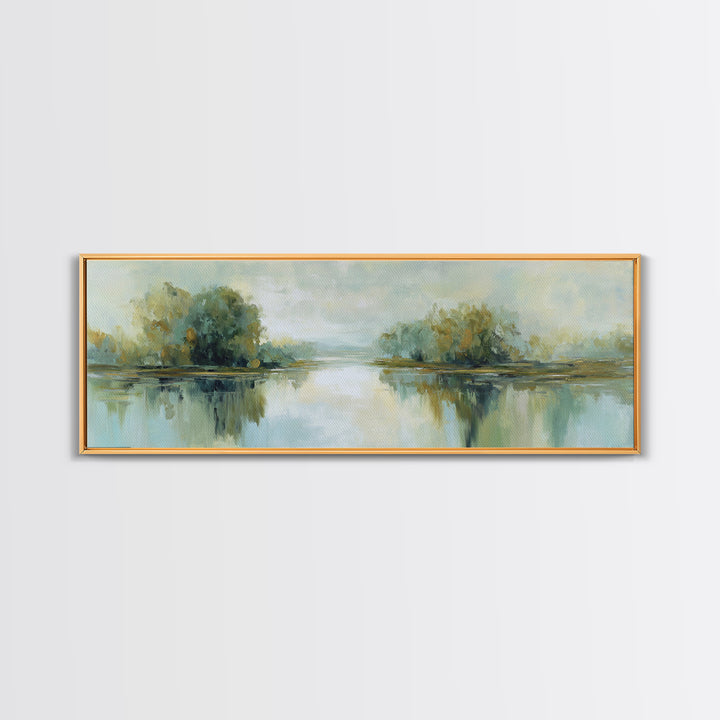 Sunlit Lake with Calming Reflections Framed Canvas Print, Dental Office Art, Printable Wall Art, Office Decor, Fine Art, Calm, DOA-3x1-79