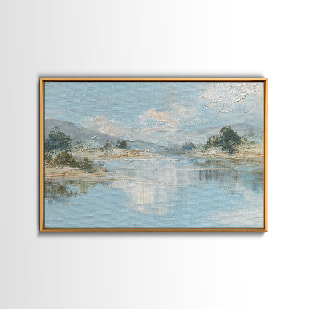 Sunlit Lake with Calming Reflections Framed Canvas Print, Dental Office Art, Wall Art, Office Decor, Watercolor Art, Calm, DOA-3x2-19