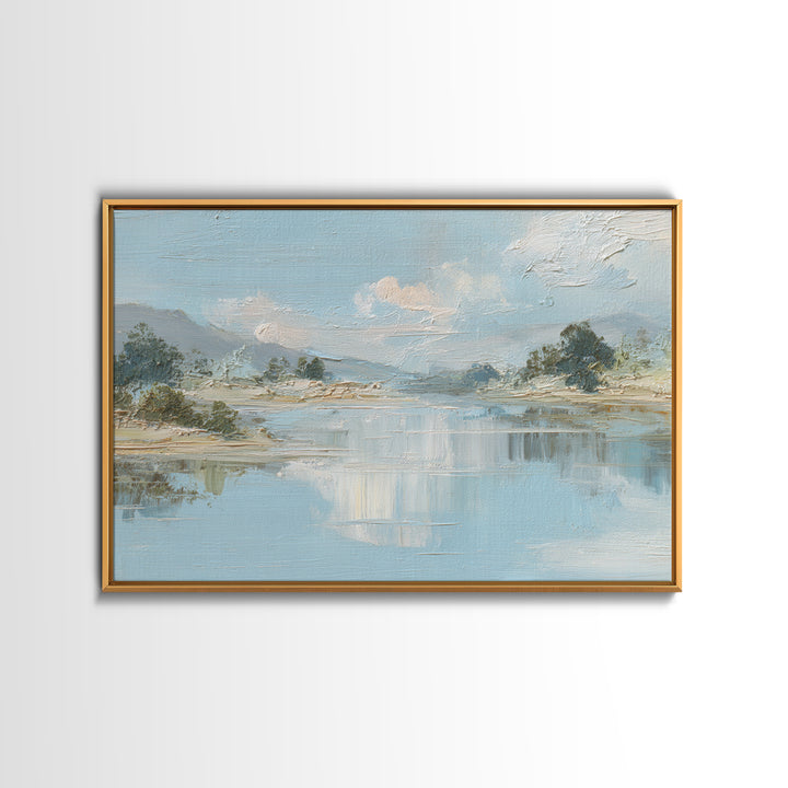 Sunlit Lake with Calming Reflections Framed Canvas Print, Dental Office Art, Wall Art, Office Decor, Watercolor Art, Calm, DOA-3x2-19
