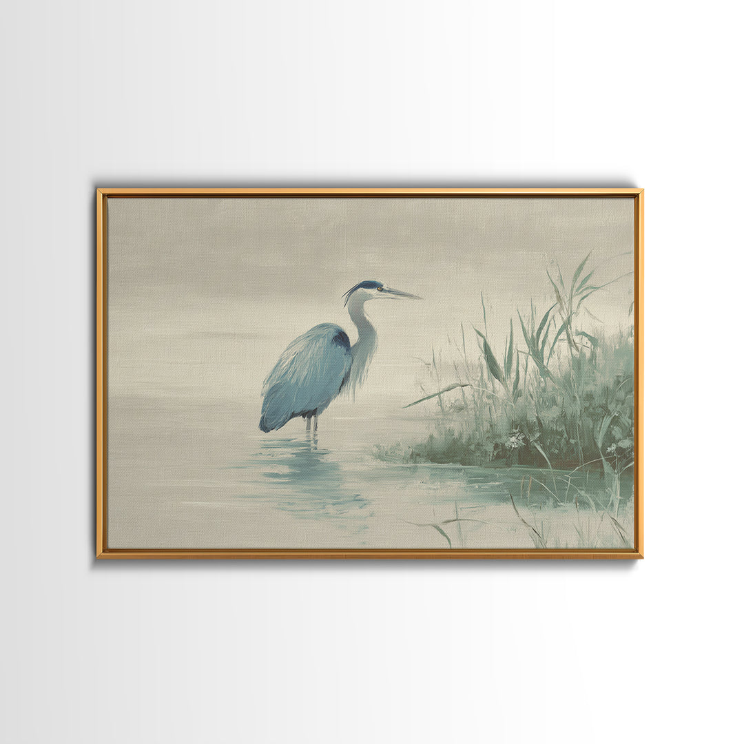Blue Heron by Calm Marsh Water Framed Canvas Print, Dental Office Art, Textured Painting, Office Decor, Fine Art, Calm, DOA-3x2-27