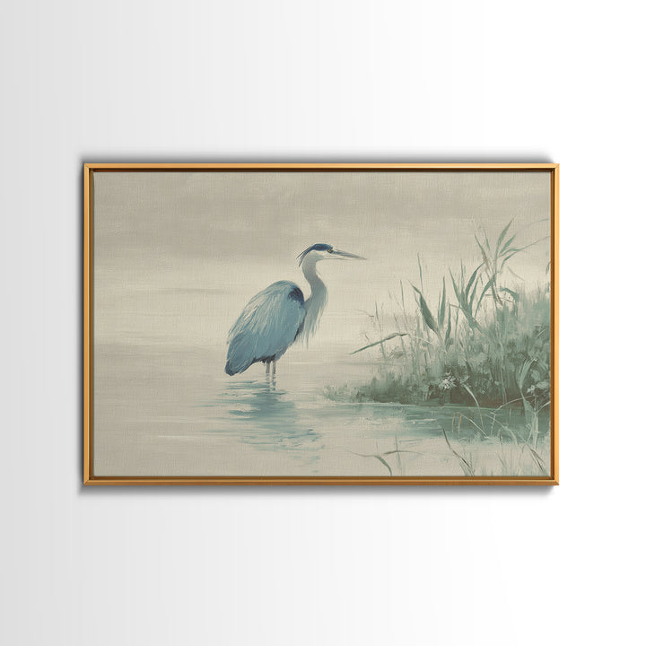 Blue Heron by Calm Marsh Water Framed Canvas Print, Dental Office Art, Textured Painting, Office Decor, Fine Art, Calm, DOA-3x2-27