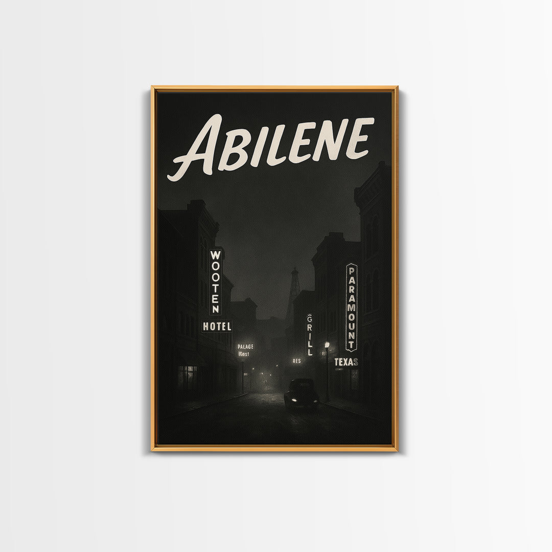 Abilene Texas Travel Poster, Canvas Print, Night Street Poster Art, Abilene Wall Art, City Art Print, Mid Century Wall Art, City Poster