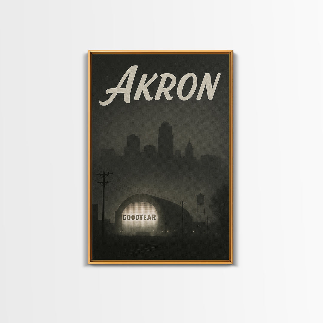 Akron Ohio Travel Poster, Canvas Print, Black And White Travel Art, Akron Wall Art, Vintage Travel Print, Travel Poster Art, City Art Print