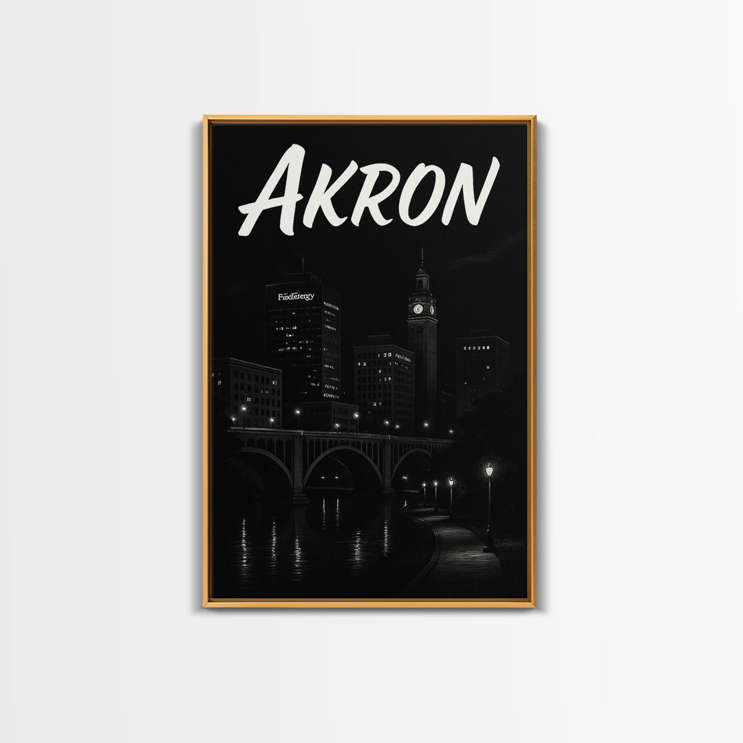 Akron Travel Poster, Canvas Print, Dark Moody City Wall Art, Akron Poster Print, Vintage City Art, City Illustration, Retro Travel Print