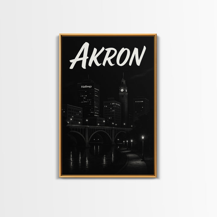 Akron Travel Poster, Canvas Print, Dark Moody City Wall Art, Akron Poster Print, Vintage City Art, City Illustration, Retro Travel Print