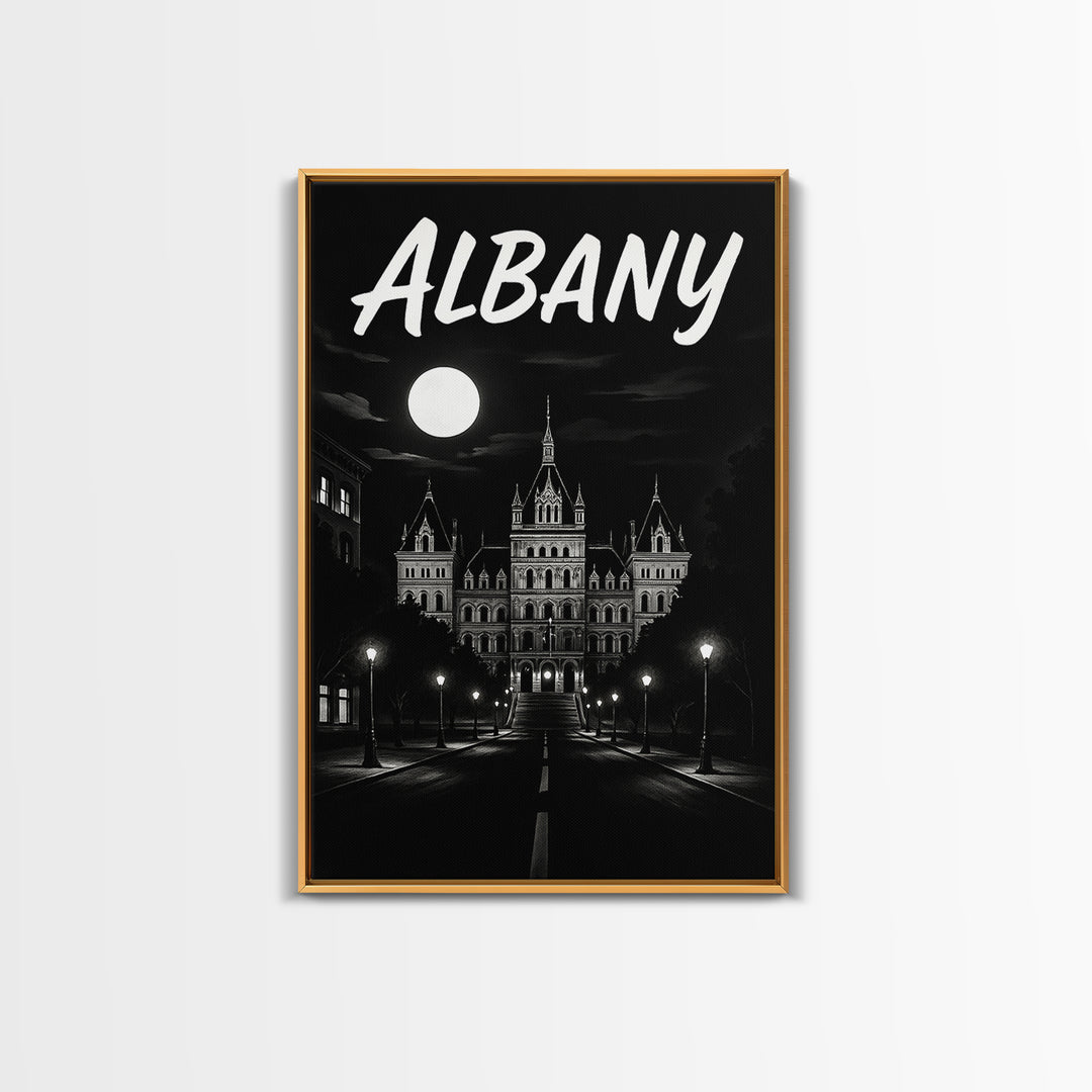 Albany Travel Poster, Framed Canvas Print, Dark Moody City Wall Art, Albany Poster Print, City Art Print, City Travel Prints, Home Decor