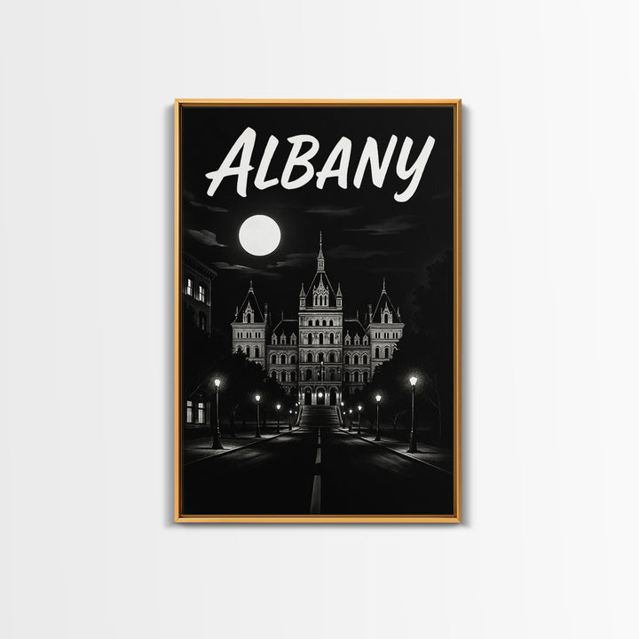 Albany Travel Poster, Framed Canvas Print, Dark Moody City Wall Art, Albany Poster Print, City Art Print, City Travel Prints, Home Decor