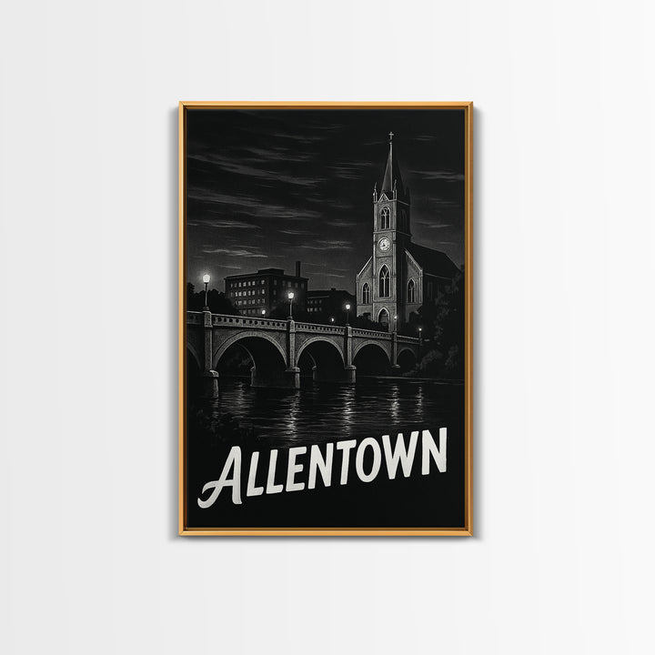 Allentown Travel Poster, Framed Canvas Print, Vintage Noir Poster Art, Allentown City Art, Travel Wall Art, Living Room Wall Art