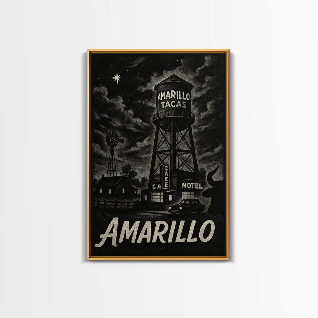 Amarillo Travel Poster, Framed Canvas Print, Vintage Noir Poster Art, Amarillo Travel Art, Vintage City Poster, Retro Travel Print