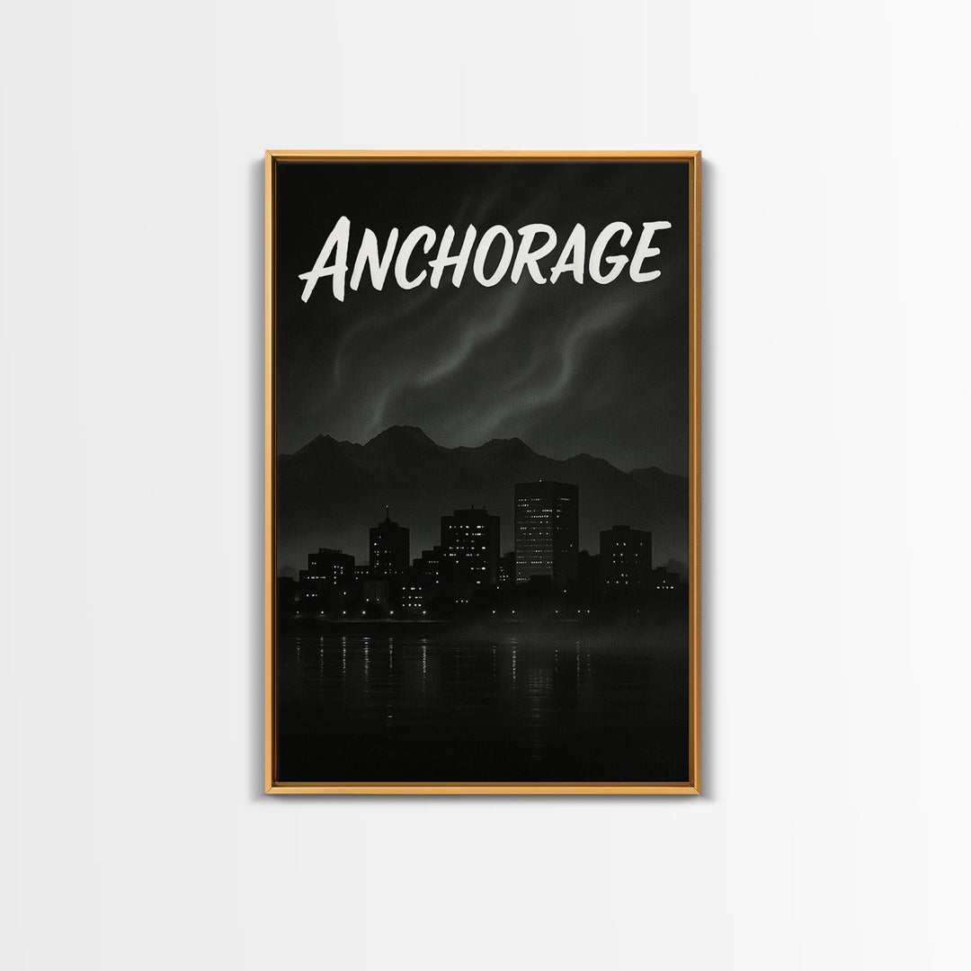 Anchorage Alaska Travel Poster, Canvas Print, Dark Moody City Wall Art, Anchorage Wall Art, Gift For Travelers, Mid Century Wall Art