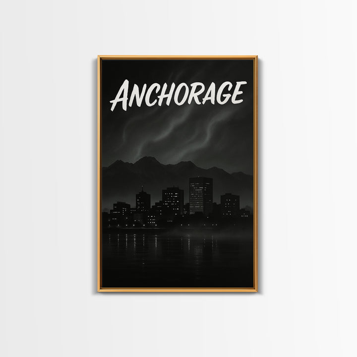 Anchorage Alaska Travel Poster, Canvas Print, Dark Moody City Wall Art, Anchorage Wall Art, Gift For Travelers, Mid Century Wall Art