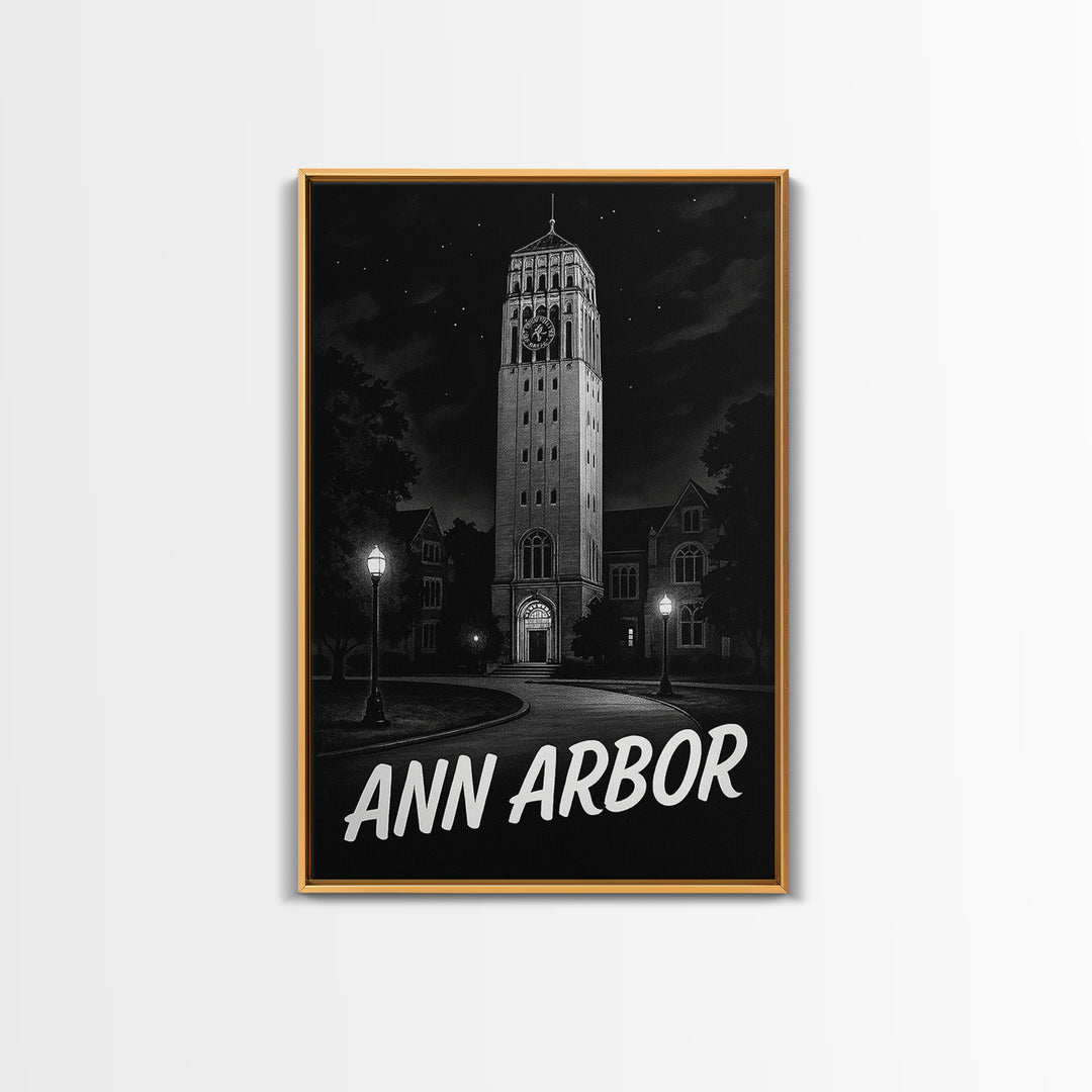 Ann Arbor Travel Poster, Framed Canvas Print, Night Street Poster Art, Ann Arbor Poster Print, Vintage Travel Print, Vintage Travel Art