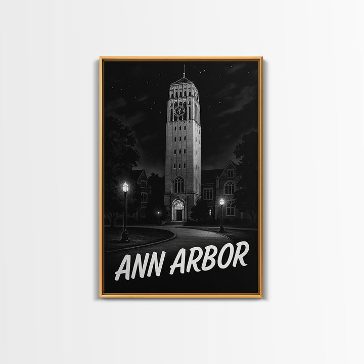 Ann Arbor Travel Poster, Framed Canvas Print, Night Street Poster Art, Ann Arbor Poster Print, Vintage Travel Print, Vintage Travel Art