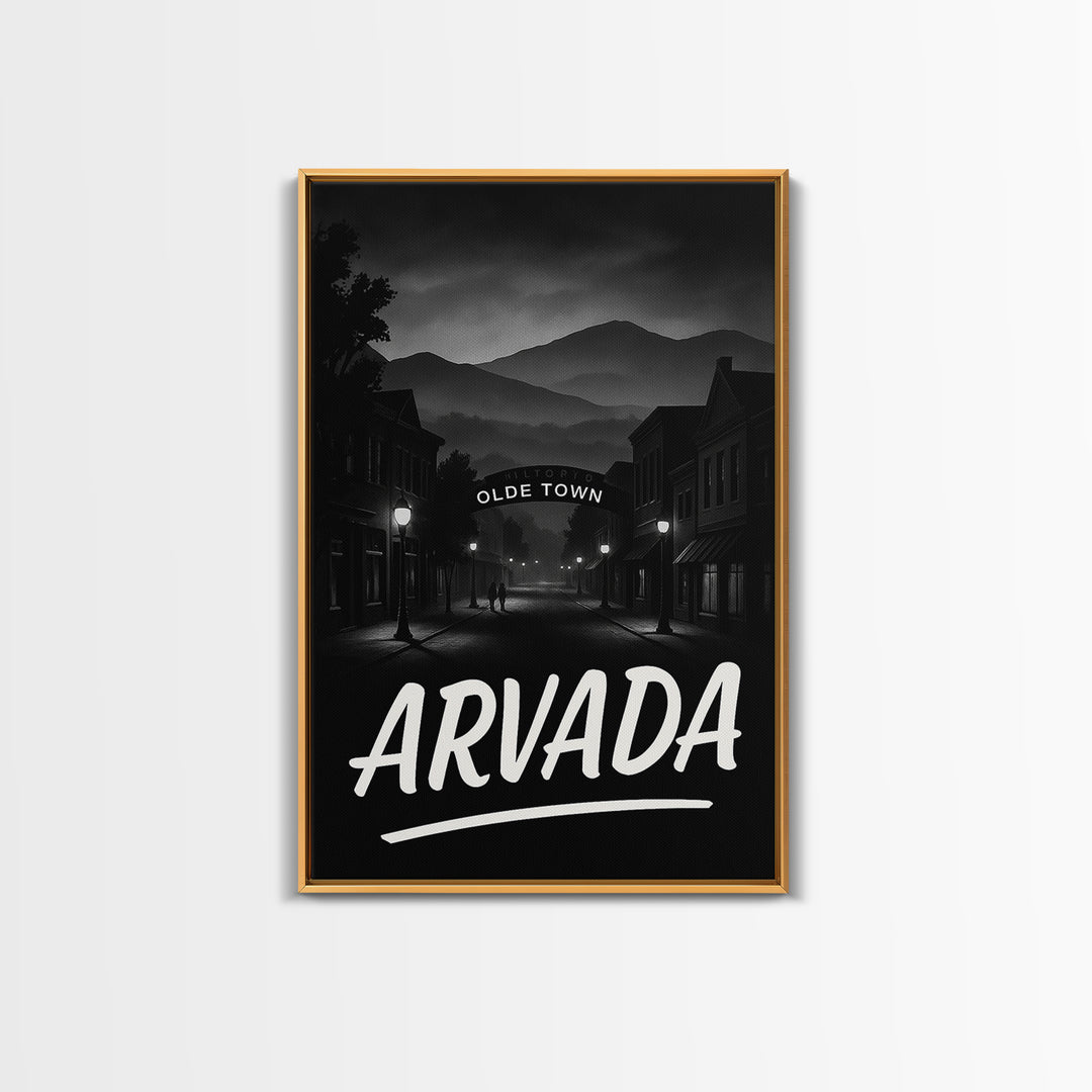 Arvada Travel Poster, Framed Canvas Print, Black And White Travel Art, Arvada Poster Print, City Art Print, Watercolor Downtown Skyline