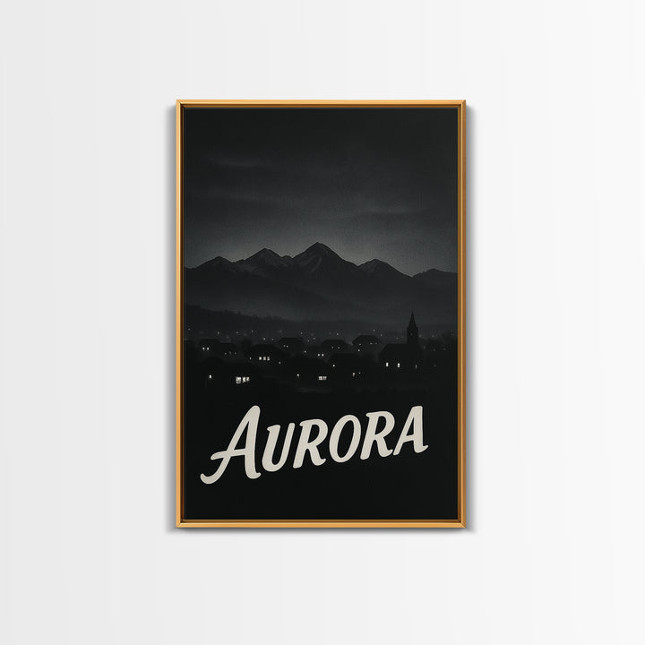 Aurora Travel Poster, Framed Canvas Print, Dark Moody City Wall Art, Aurora Poster Print, Vintage Travel Art, City Art Print, Poster Art