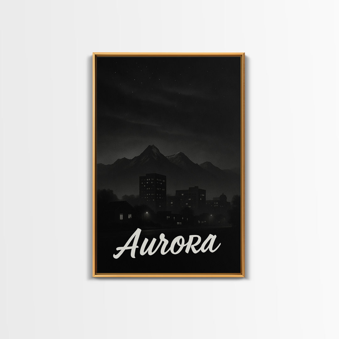 Aurora Travel Poster, Framed Canvas Print, Dark Moody City Wall Art, Aurora Art Print, Travel Wall Art, Vintage City Poster, Travel Gift