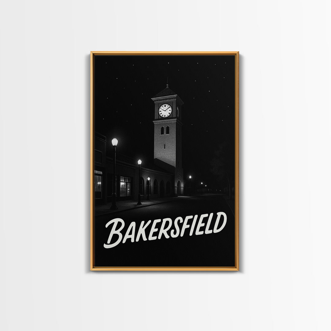 Bakersfield Travel Poster, Framed Canvas Print, Vintage Noir Poster Art, Bakersfield City Art, Vintage City Poster, Mid Century Wall Art