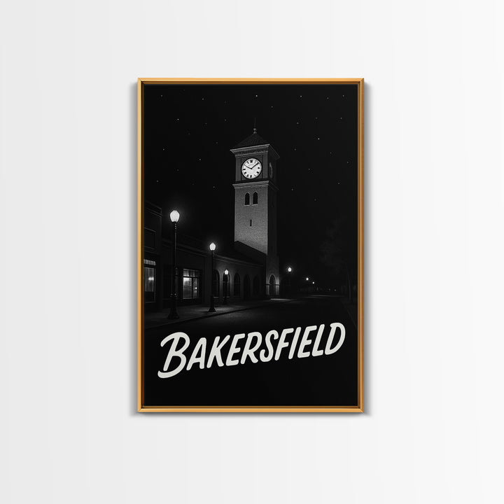 Bakersfield Travel Poster, Framed Canvas Print, Vintage Noir Poster Art, Bakersfield City Art, Vintage City Poster, Mid Century Wall Art
