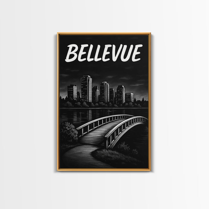 Bellevue Travel Poster, Framed Canvas Print, Black And White Travel Art, Bellevue Wall Art, Modern Wall Decor, Travel Art Print