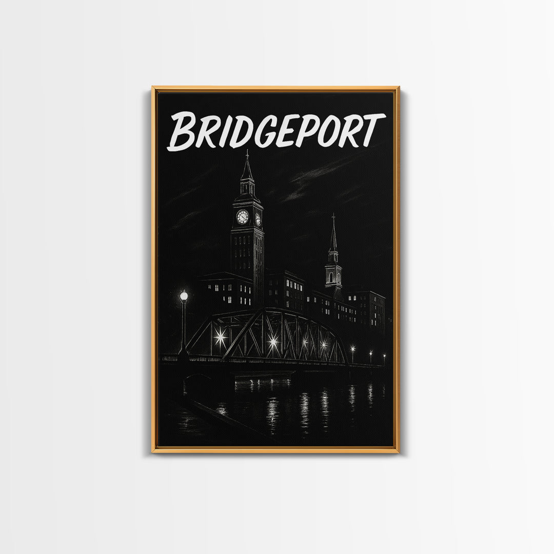 Bridgeport Travel Poster, Framed Canvas Print, Dark Moody City Wall Art, Bridgeport Poster Print, City Illustration, Vintage City Poster
