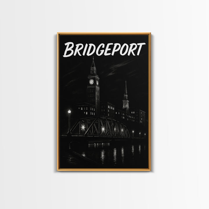 Bridgeport Travel Poster, Framed Canvas Print, Dark Moody City Wall Art, Bridgeport Poster Print, City Illustration, Vintage City Poster