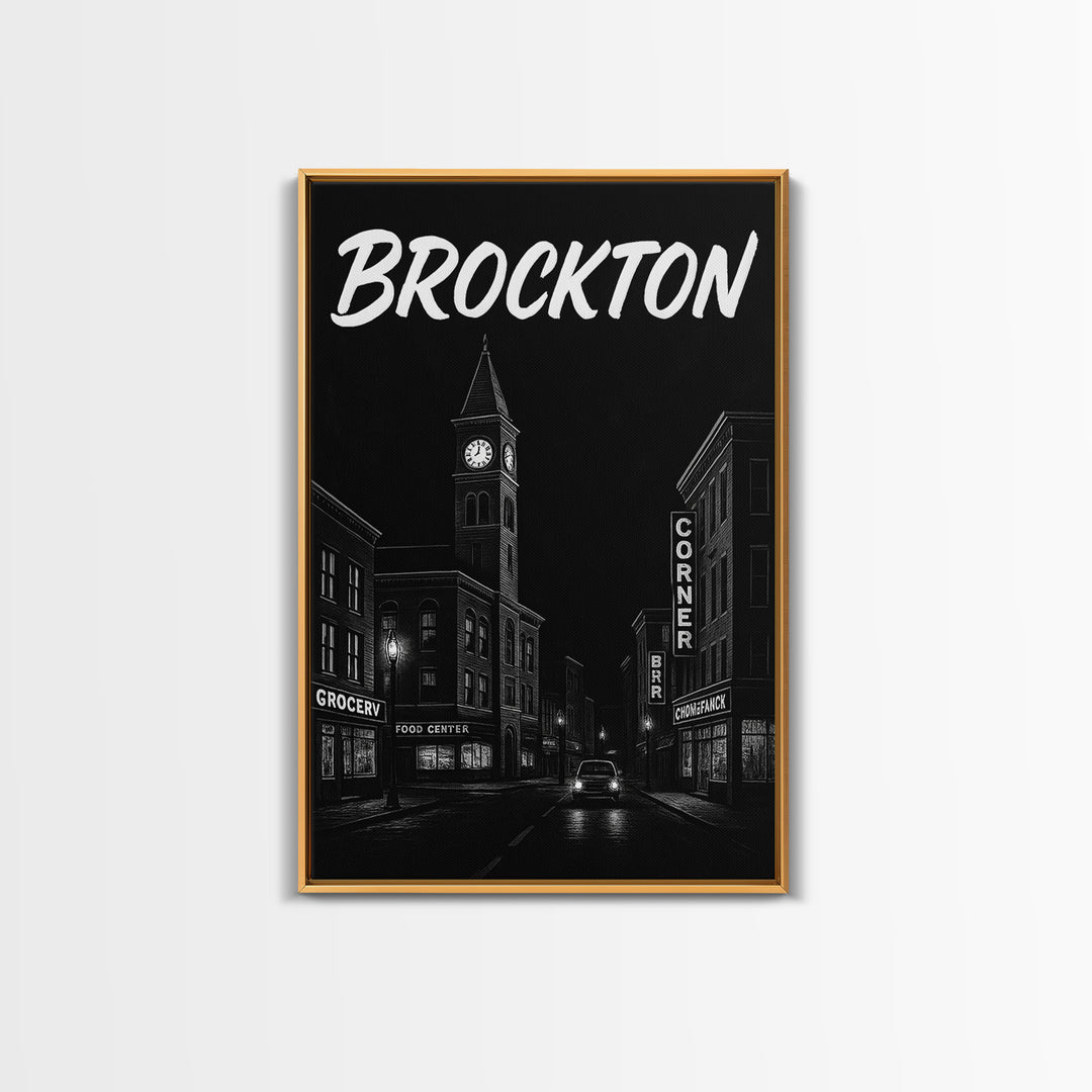 Brockton Travel Poster, Framed Canvas Print, Dark Moody City Wall Art, Brockton Wall Art, Travel Art Print, Fine Art Print, Landscape Art
