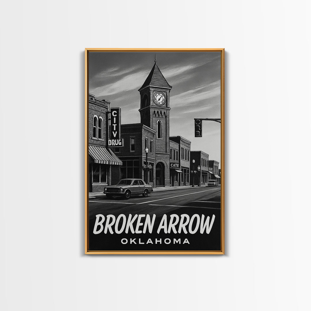 Broken Arrow Travel Poster, Framed Canvas Print, Dark Moody City Wall Art, Broken Arrow Art Print, Mid Century Wall Art, City Art Print
