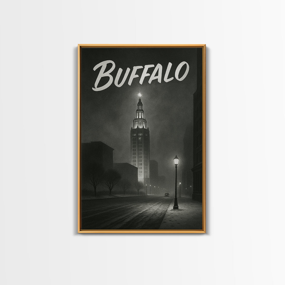 Buffalo Travel Poster, Framed Canvas Print, Dark Moody City Wall Art, Buffalo Poster Print, City Art Print, Vintage City Art, Art Print