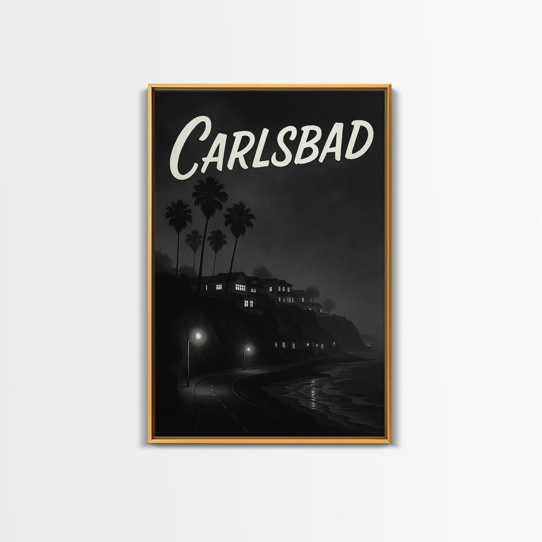 Carlsbad California Travel Poster, Framed Canvas Print, Night Street Poster Art, Carlsbad City Art, Travel Poster Set, Eclectic Wall Decor