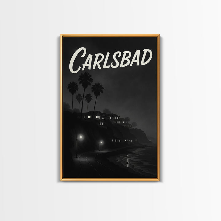 Carlsbad California Travel Poster, Framed Canvas Print, Night Street Poster Art, Carlsbad City Art, Travel Poster Set, Eclectic Wall Decor
