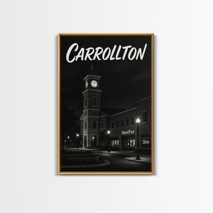 Carrollton Texas Travel Poster, Framed Canvas Print, Night Street Poster Art, Carrollton Art Print, Fine Art Print, Eclectic Wall Decor