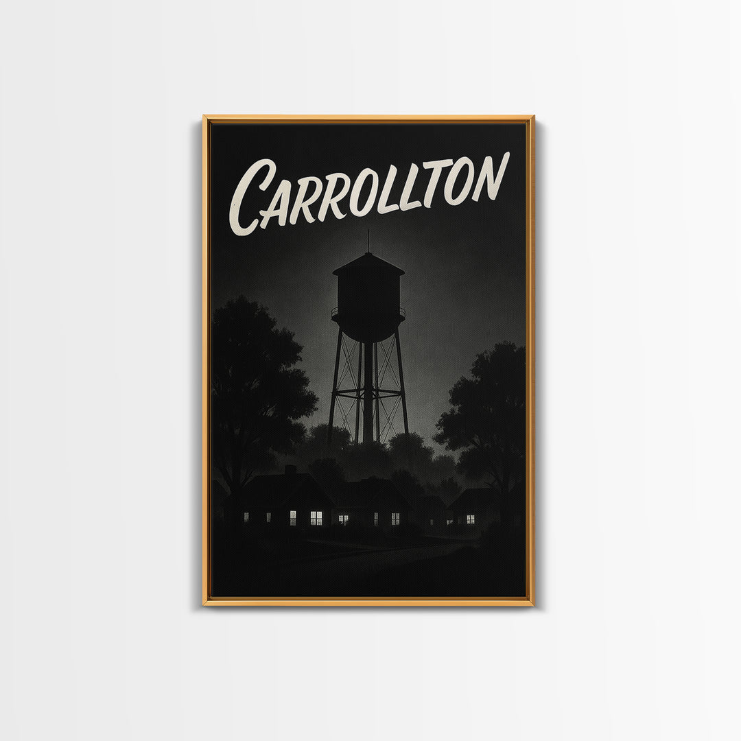 Carrollton Travel Poster, Framed Canvas Print, Vintage Noir Poster Art, Carrollton Wall Art, City Illustration, Vintage City Art