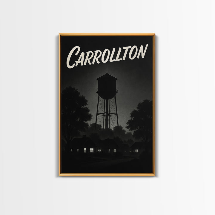 Carrollton Travel Poster, Framed Canvas Print, Vintage Noir Poster Art, Carrollton Wall Art, City Illustration, Vintage City Art