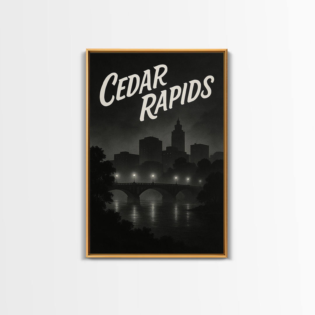 Cedar Rapids Iowa Travel Poster, Canvas Print, Dark Moody City Wall Art, Cedar Rapids Travel Art, Travel Poster Art, Wanderlust Decor