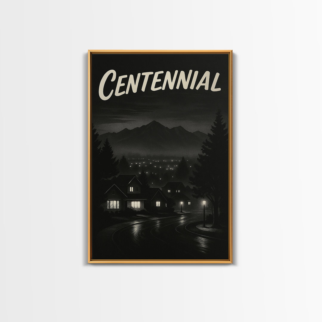 Centennial Travel Poster, Framed Canvas Print, Night Street Poster Art, Centennial Art Print, Travel Poster Art, Watercolor Downtown Skyline
