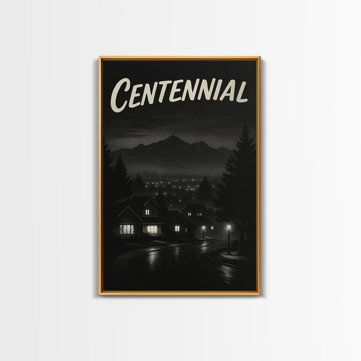 Centennial Travel Poster, Framed Canvas Print, Night Street Poster Art, Centennial Art Print, Travel Poster Art, Watercolor Downtown Skyline