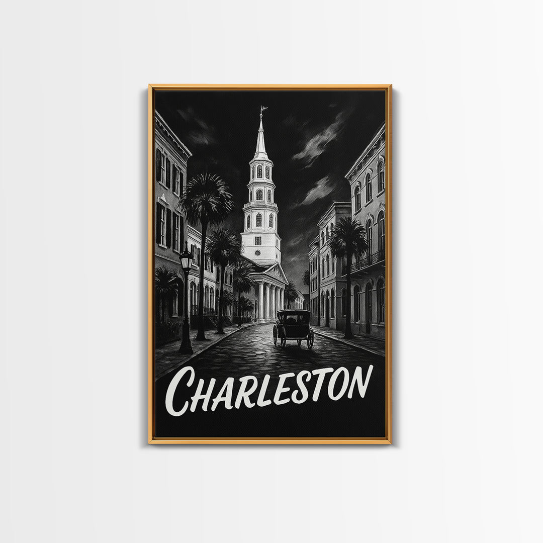 Charleston Travel Poster, Canvas Print, Black And White Travel Art, Charleston City Art, Travel Wall Decor, Watercolor Skyline Art