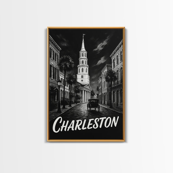 Charleston Travel Poster, Canvas Print, Black And White Travel Art, Charleston City Art, Travel Wall Decor, Watercolor Skyline Art