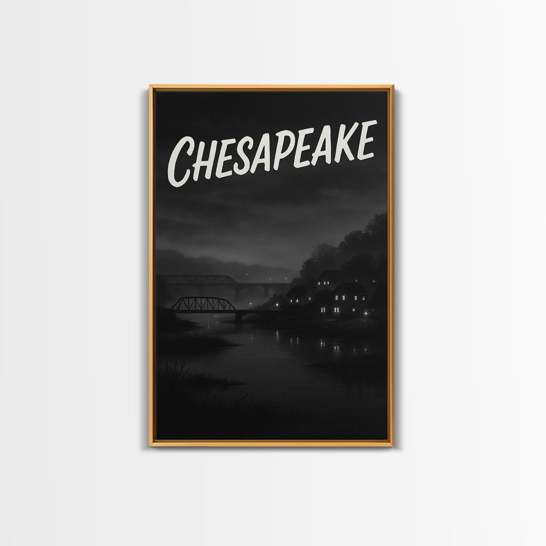 Chesapeake Travel Poster, Framed Canvas Print, Black And White Travel Art, Chesapeake Travel Art, City Illustration, Travel Poster Set