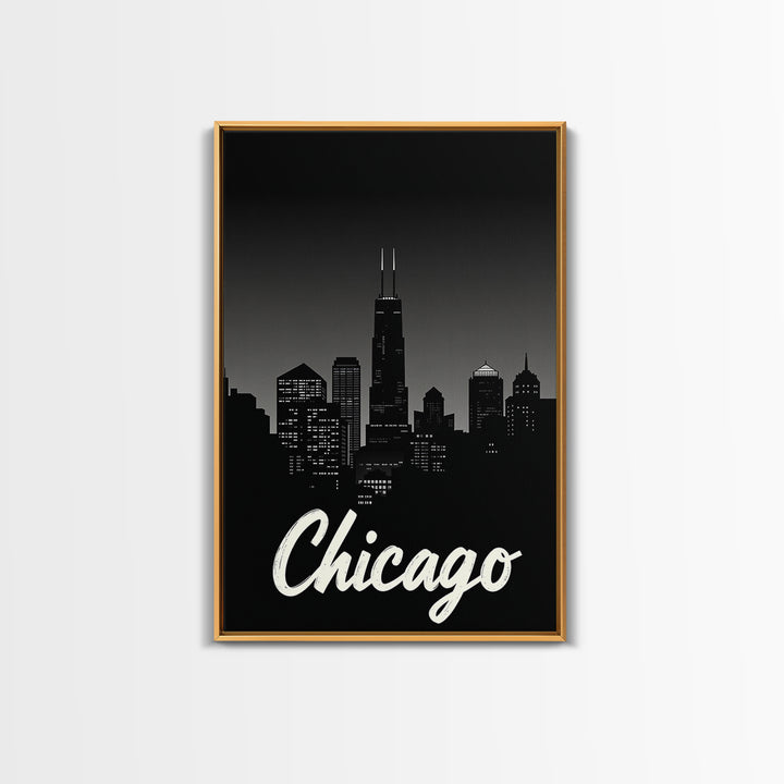 Chicago Travel Poster, Framed Canvas Print, Black And White Travel Art, Chicago City Art, City Illustration, Living Room Wall Art