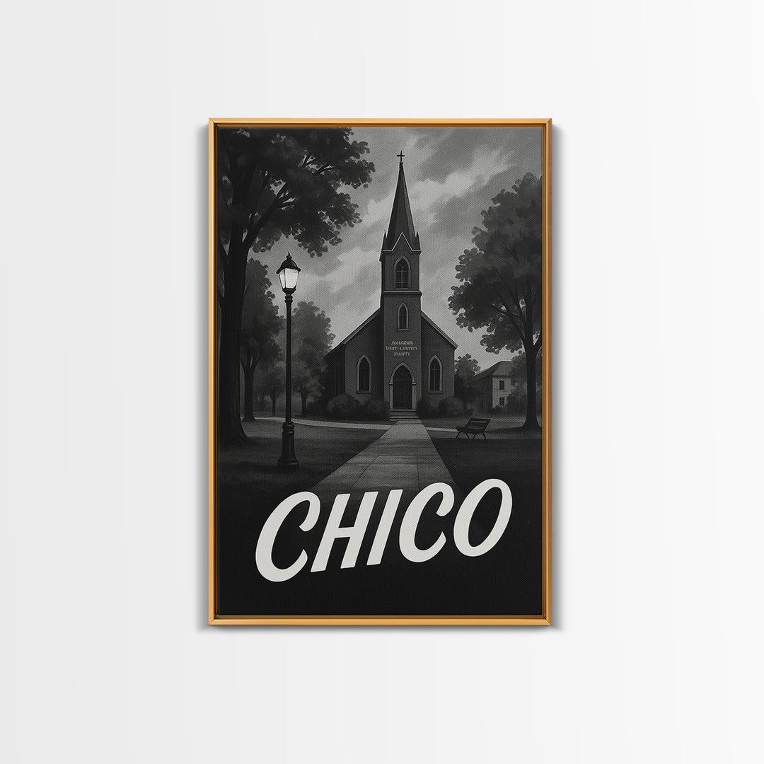 Chico Travel Poster, Canvas Print, Dark Moody City Wall Art, Chico Travel Art, City Travel Prints, Eclectic Wall Decor, Travel Wall Art