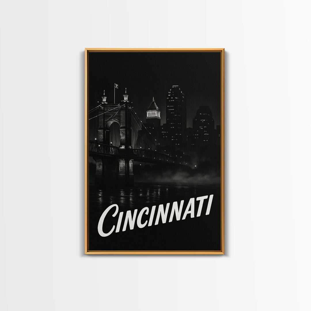 Cincinnati Travel Poster, Framed Canvas Print, Black And White Travel Art, Cincinnati Wall Art, Fine Art Print, Travel Poster Set