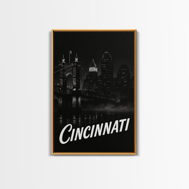 Cincinnati Travel Poster, Framed Canvas Print, Black And White Travel Art, Cincinnati Wall Art, Fine Art Print, Travel Poster Set