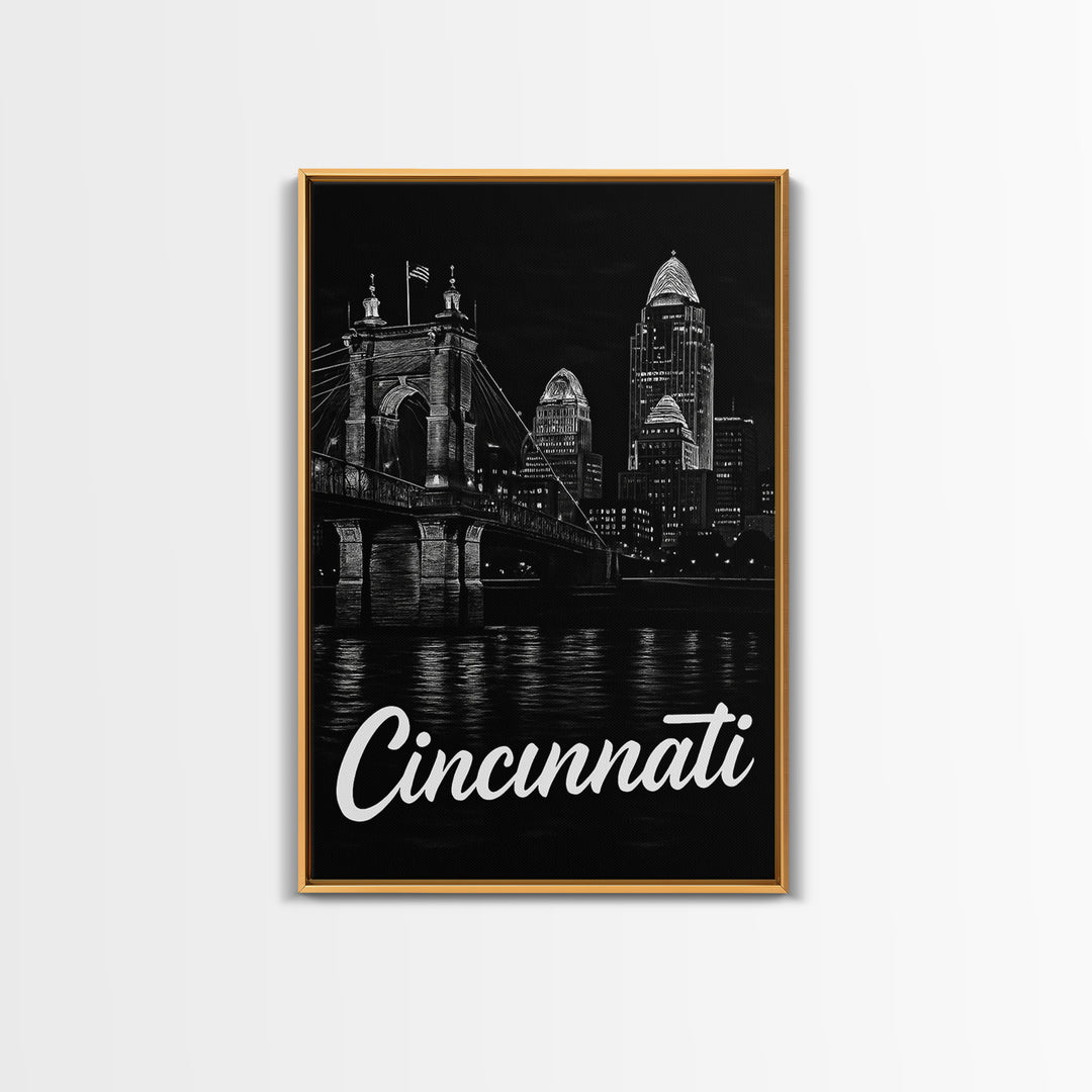 Cincinnati Travel Poster, Canvas Print, Night Street Poster Art, Cincinnati Poster Print, Travel Art Print, City Travel Prints