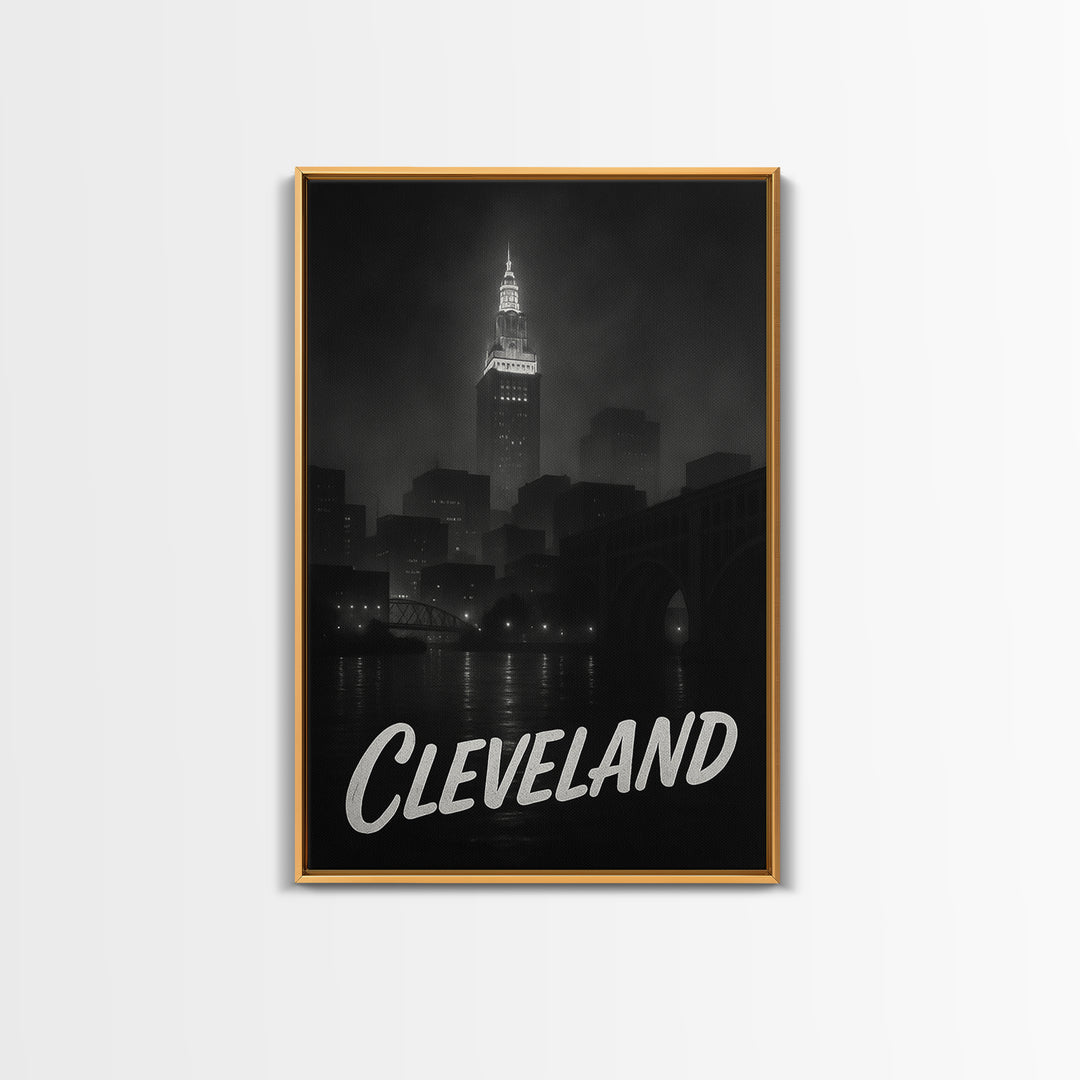 Cleveland Ohio Travel Poster, Framed Canvas Print, Dark Moody City Wall Art, Cleveland Travel Art, Travel Wall Decor, City Travel Prints