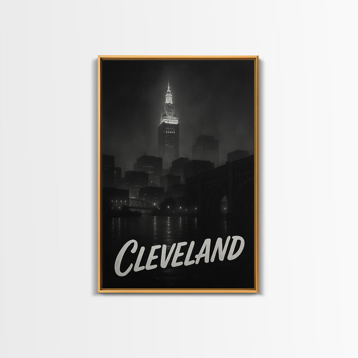 Cleveland Ohio Travel Poster, Framed Canvas Print, Dark Moody City Wall Art, Cleveland Travel Art, Travel Wall Decor, City Travel Prints