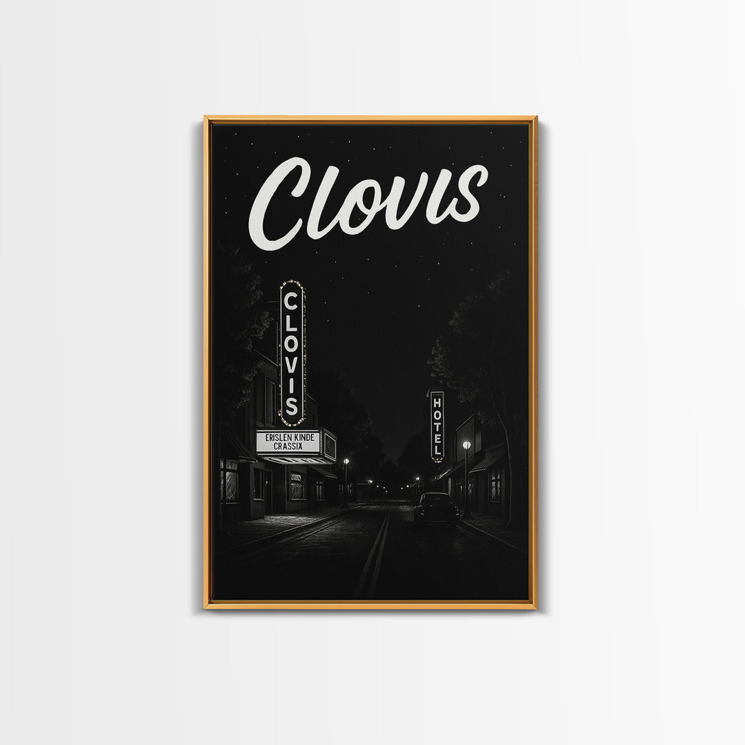 Clovis Travel Poster, Framed Canvas Print, Dark Moody City Wall Art, Clovis Poster Print, Vintage Travel Print, City Travel Prints