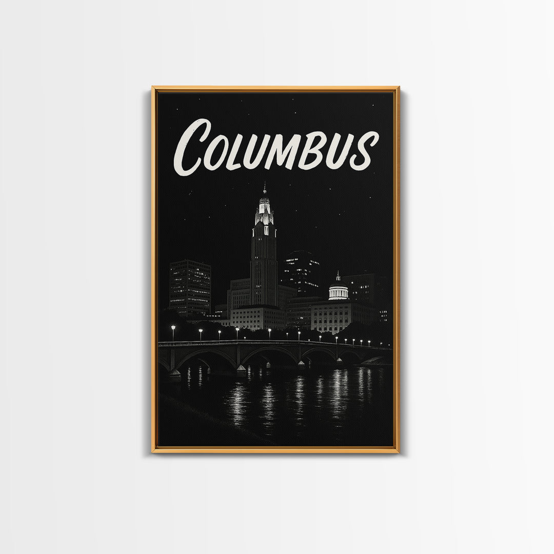 Columbus Travel Poster, Framed Canvas Print, Dark Moody City Wall Art, Columbus Travel Art, Travel Poster Art, Travel Poster Set