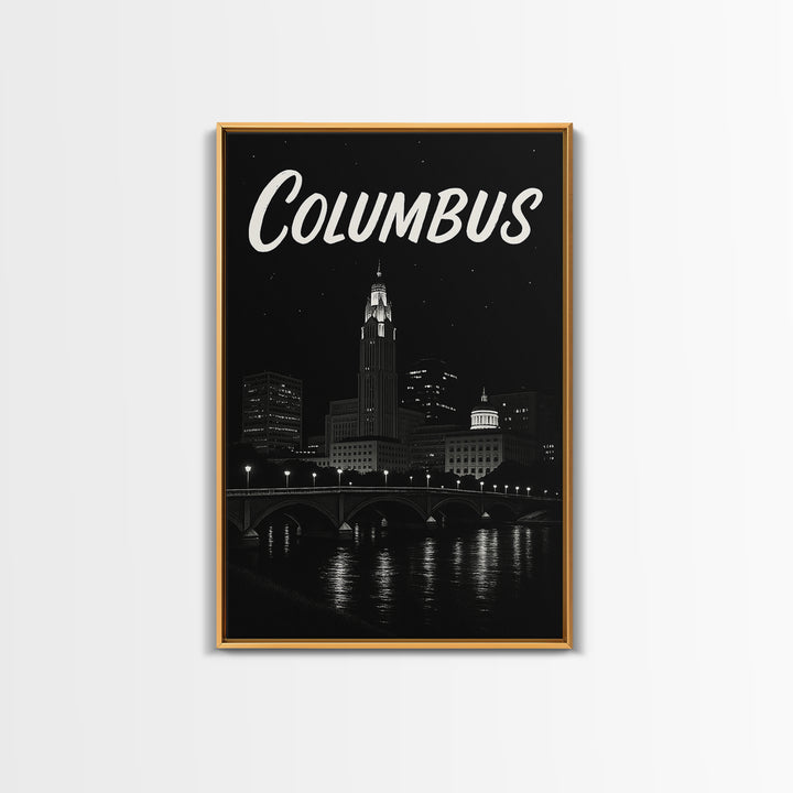 Columbus Travel Poster, Framed Canvas Print, Dark Moody City Wall Art, Columbus Travel Art, Travel Poster Art, Travel Poster Set