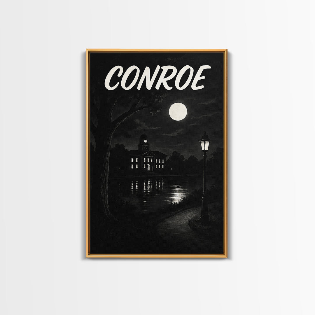 Conroe Travel Poster, Canvas Print, Dark Moody City Wall Art, Conroe Travel Art, Travel Art Print, City Illustration, Vintage Travel Print